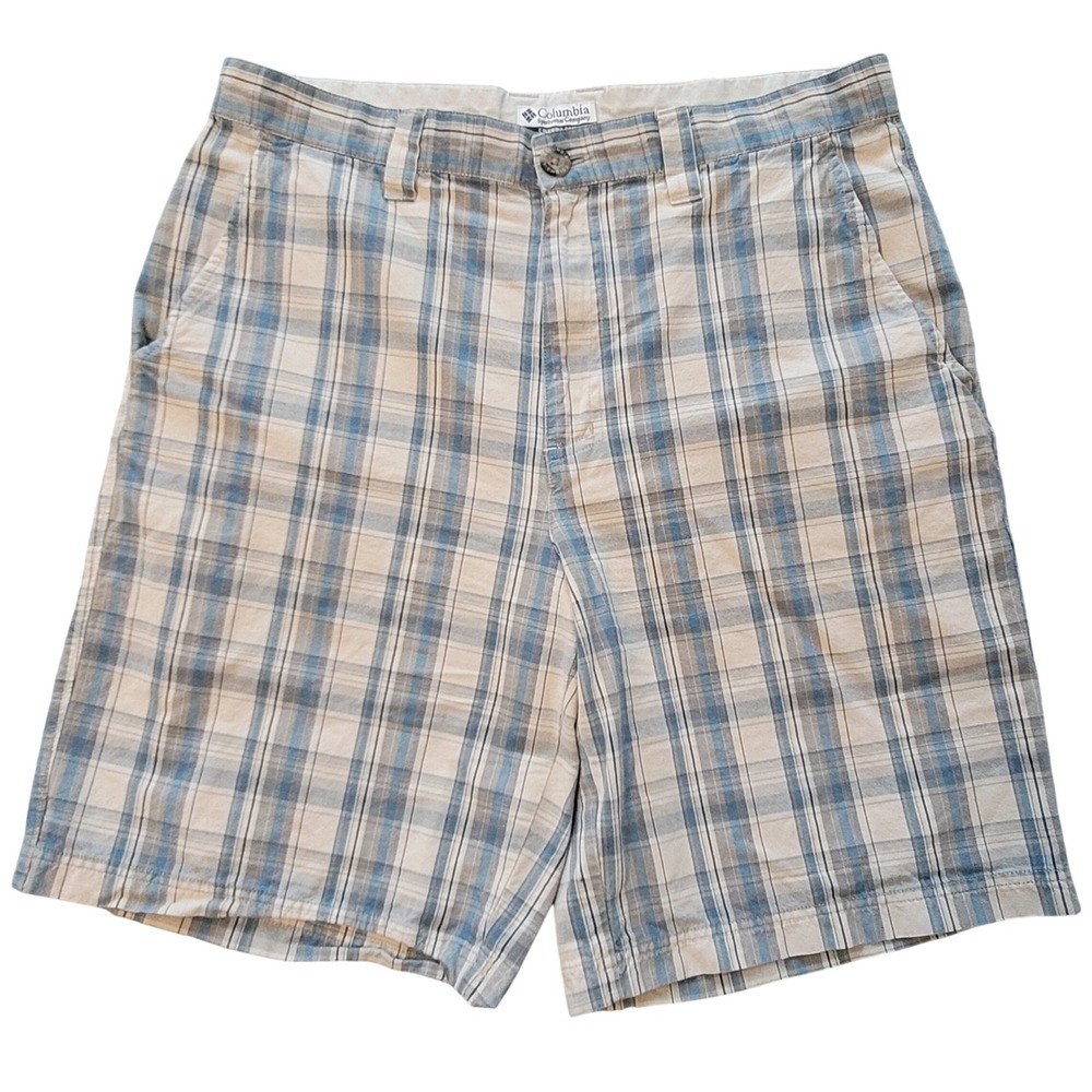 Columbia Plaid Shorts Mens 34 Blue Tan Cotton Hiking, Outdoor, Summer AM4472